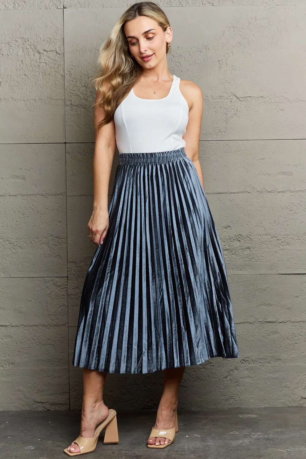 Cloudy Blue Accordion Pleated Flowy Midi Skirt sold by Roxie’s Picks product image thumbnail 5