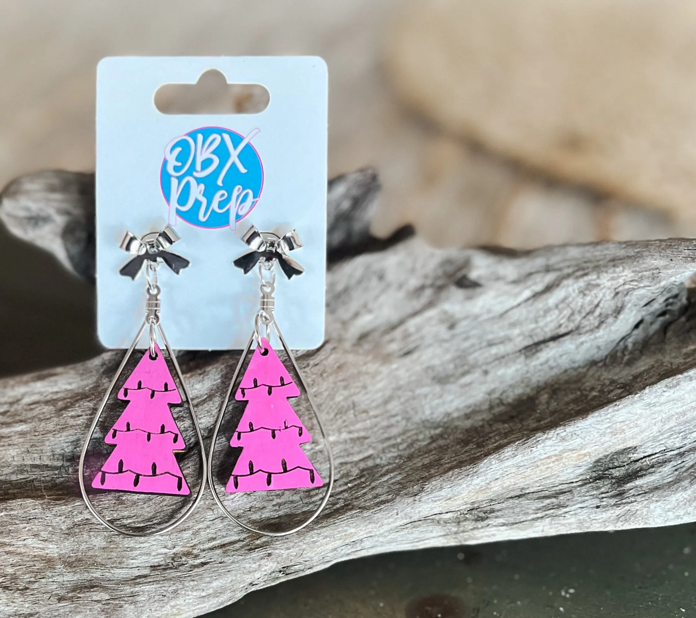 Christmas Tree Pink Dangle Hand Painted Earrings with Coquette Bow Stud Tops sold by Roxie’s Picks