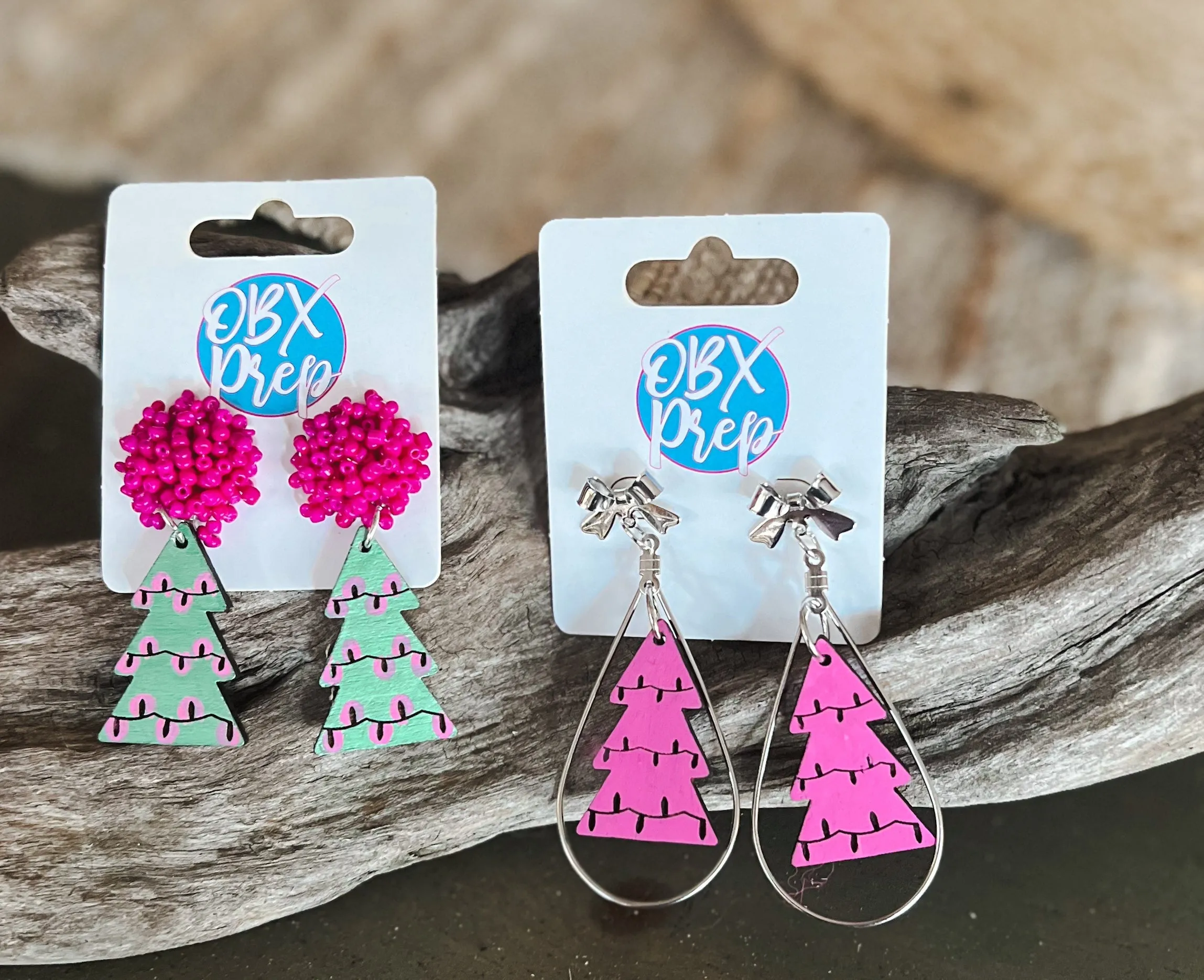 Christmas Tree Pink Dangle Hand Painted Earrings with Coquette Bow Stud Tops sold by Roxie’s Picks product image thumbnail 2
