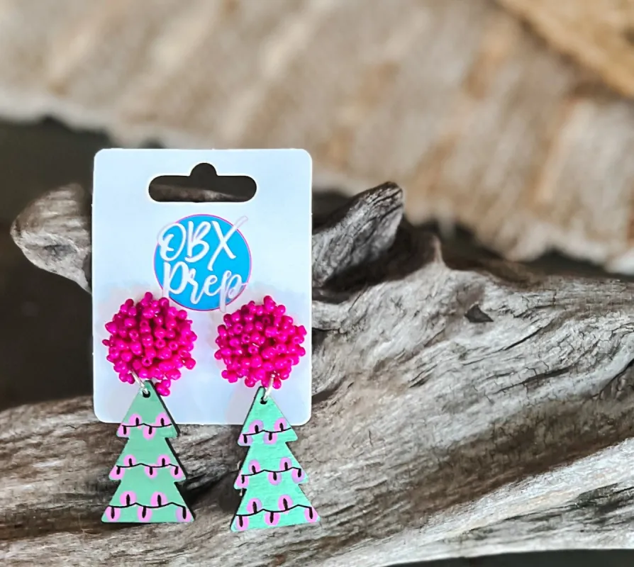 Christmas Tree with Pink Lights Beaded Top Dangle Earrings sold by Roxie’s Picks