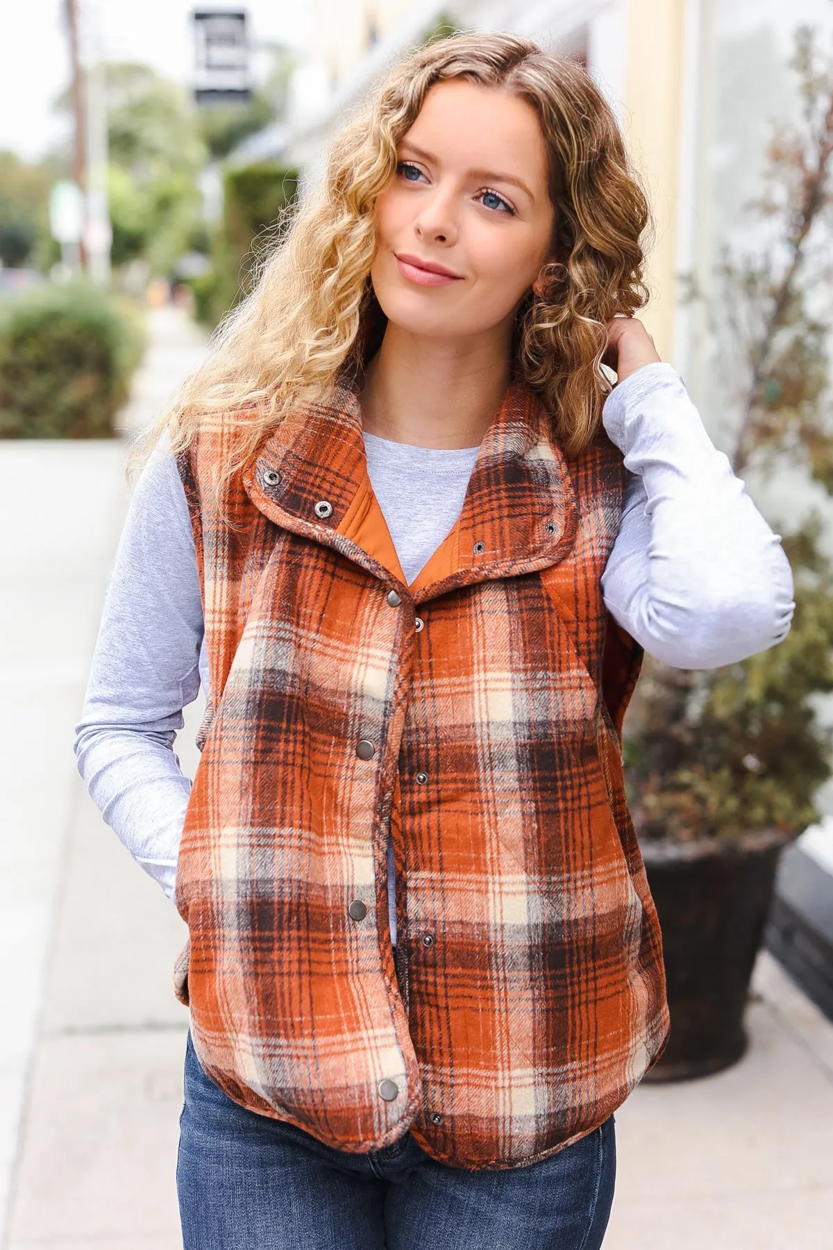 Put Together Rust Taupe Plaid Snap Button Quilted Puffer Vest sold by Roxie’s Picks product image thumbnail 5