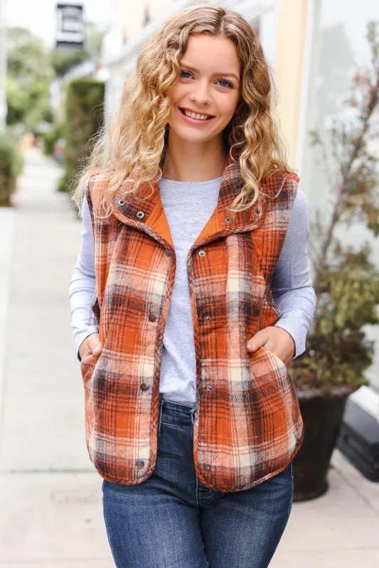Put Together Rust Taupe Plaid Snap Button Quilted Puffer Vest sold by Roxie’s Picks