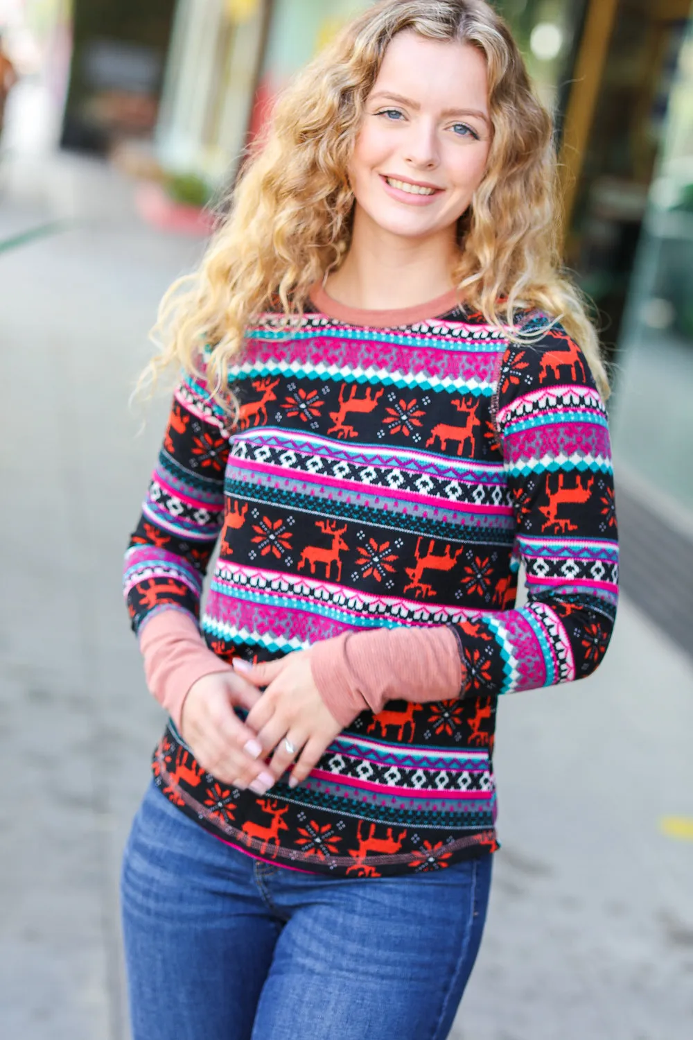 Christmas Ready Black & Fuchsia Reindeer Print Thermal Top sold by Roxie’s Picks product image thumbnail 3