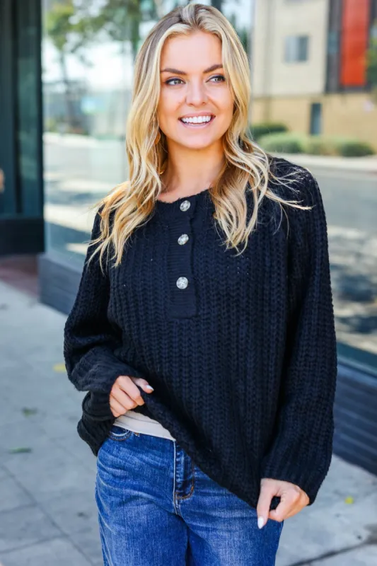 Casual Living Black Loose Knit Henley Button Sweater sold by Roxie’s Picks