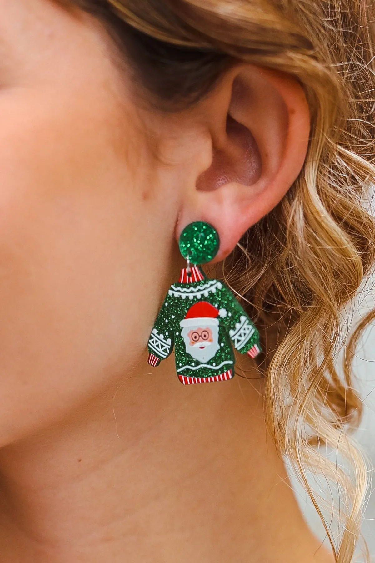 Green Christmas Sweater Acrylic Dangle Earrings sold by Roxie’s Picks
