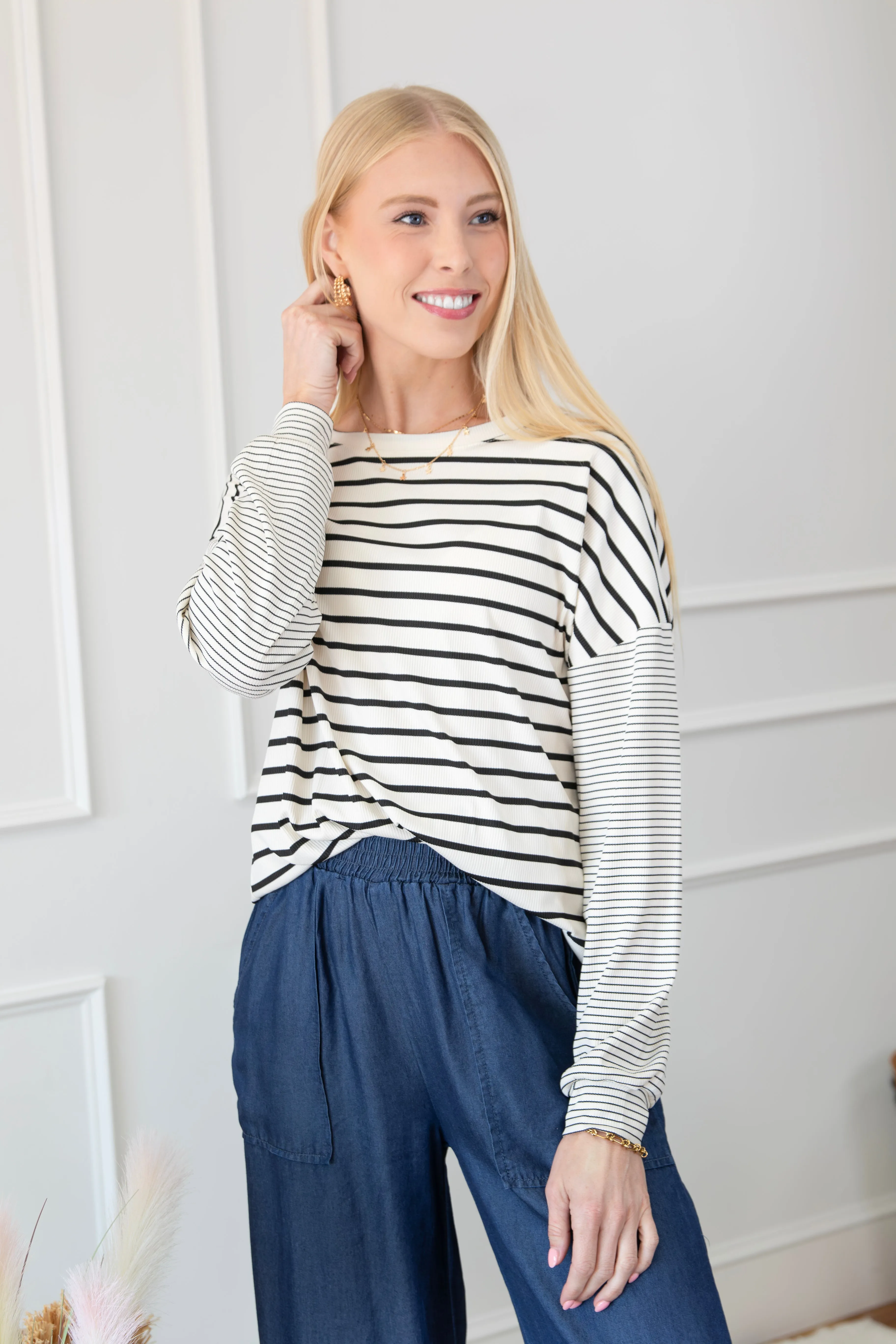 Striped Patchwork Loose Long Sleeve Tee sold by Roxie’s Picks product image thumbnail 3