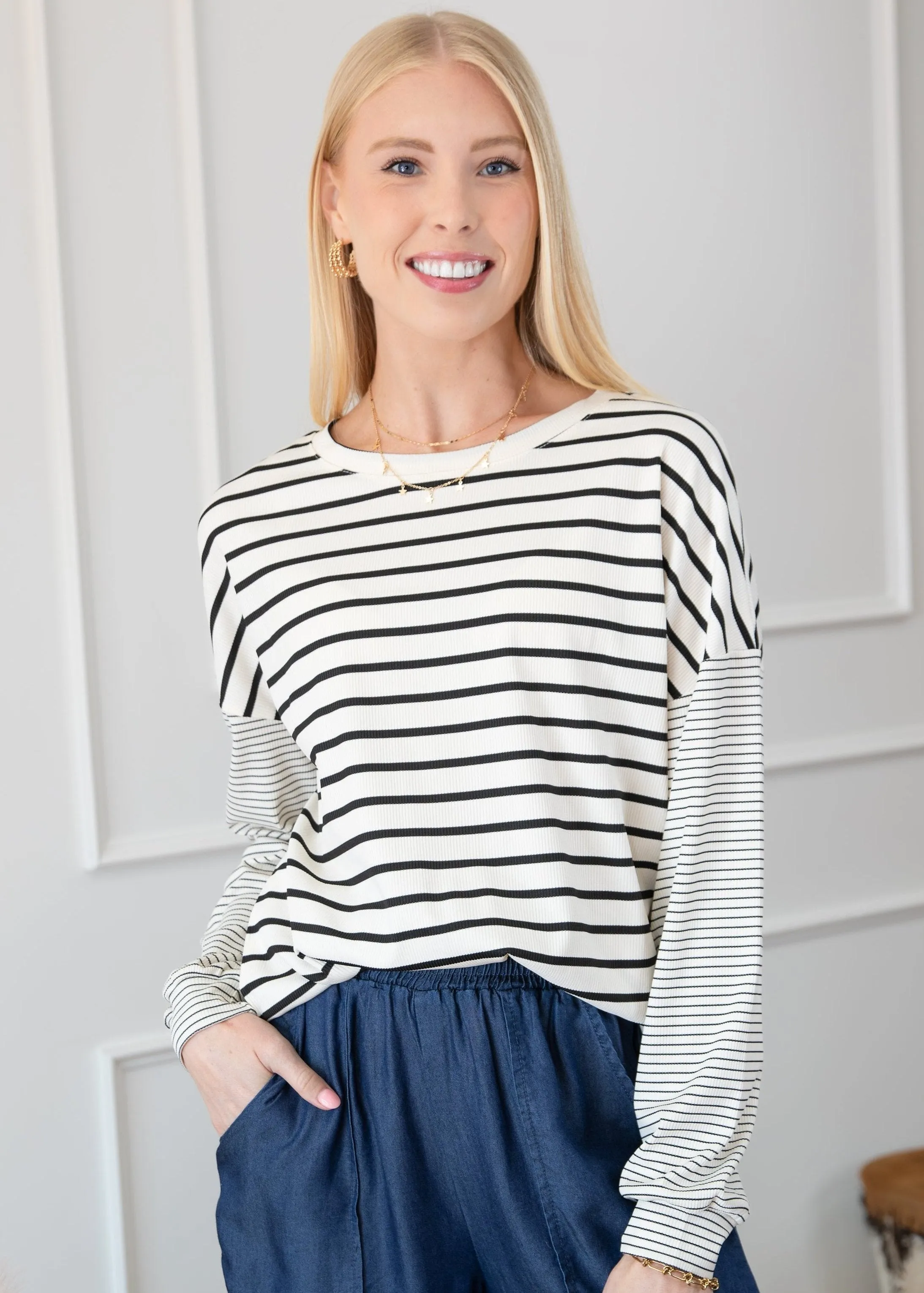 Striped Patchwork Loose Long Sleeve Tee sold by Roxie’s Picks