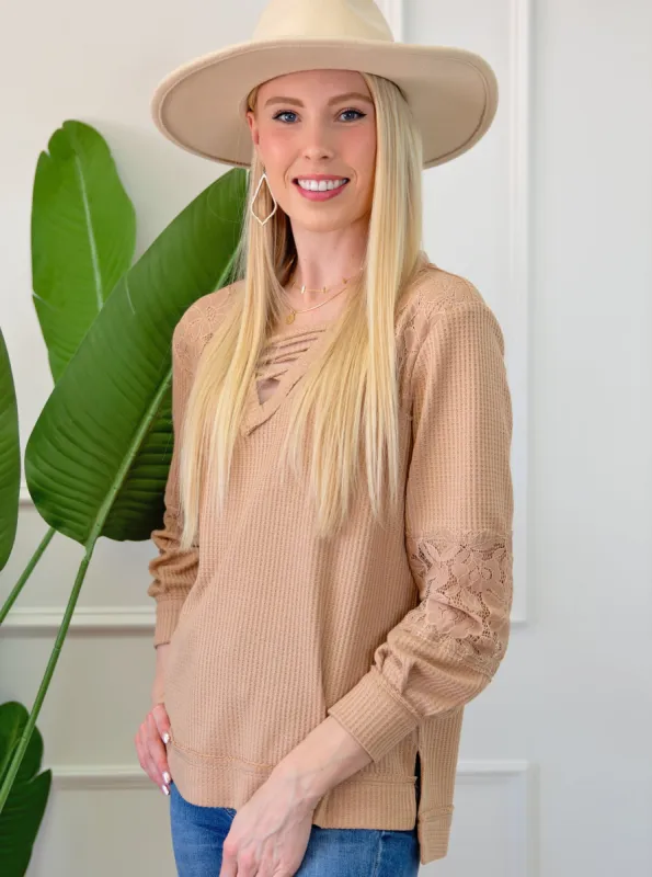 Waffle And Floral Lace Long Sleeve Top sold by Roxie’s Picks