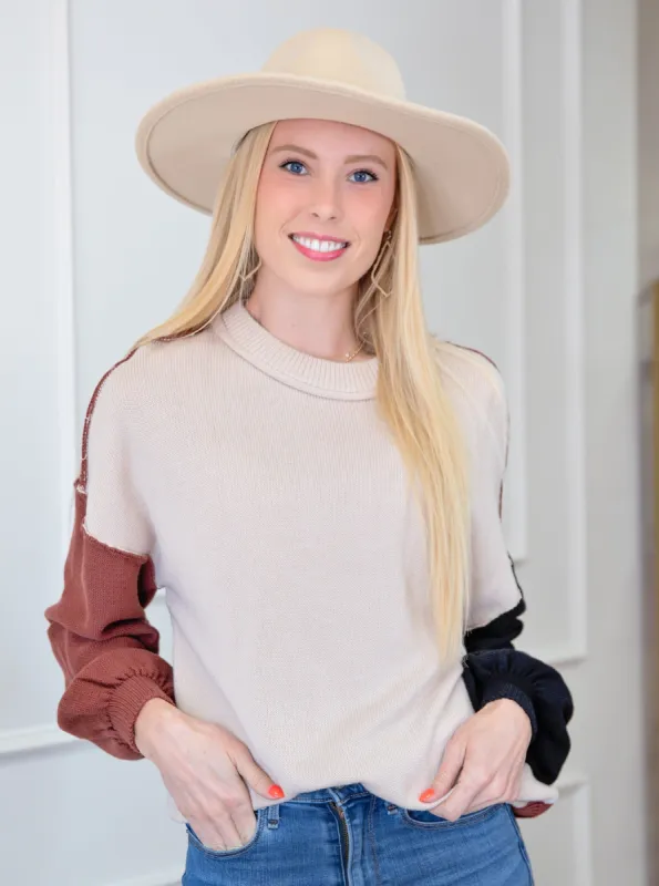 Colorblock Bishop Sleeve Ribbed Trim Sweater sold by Roxie’s Picks