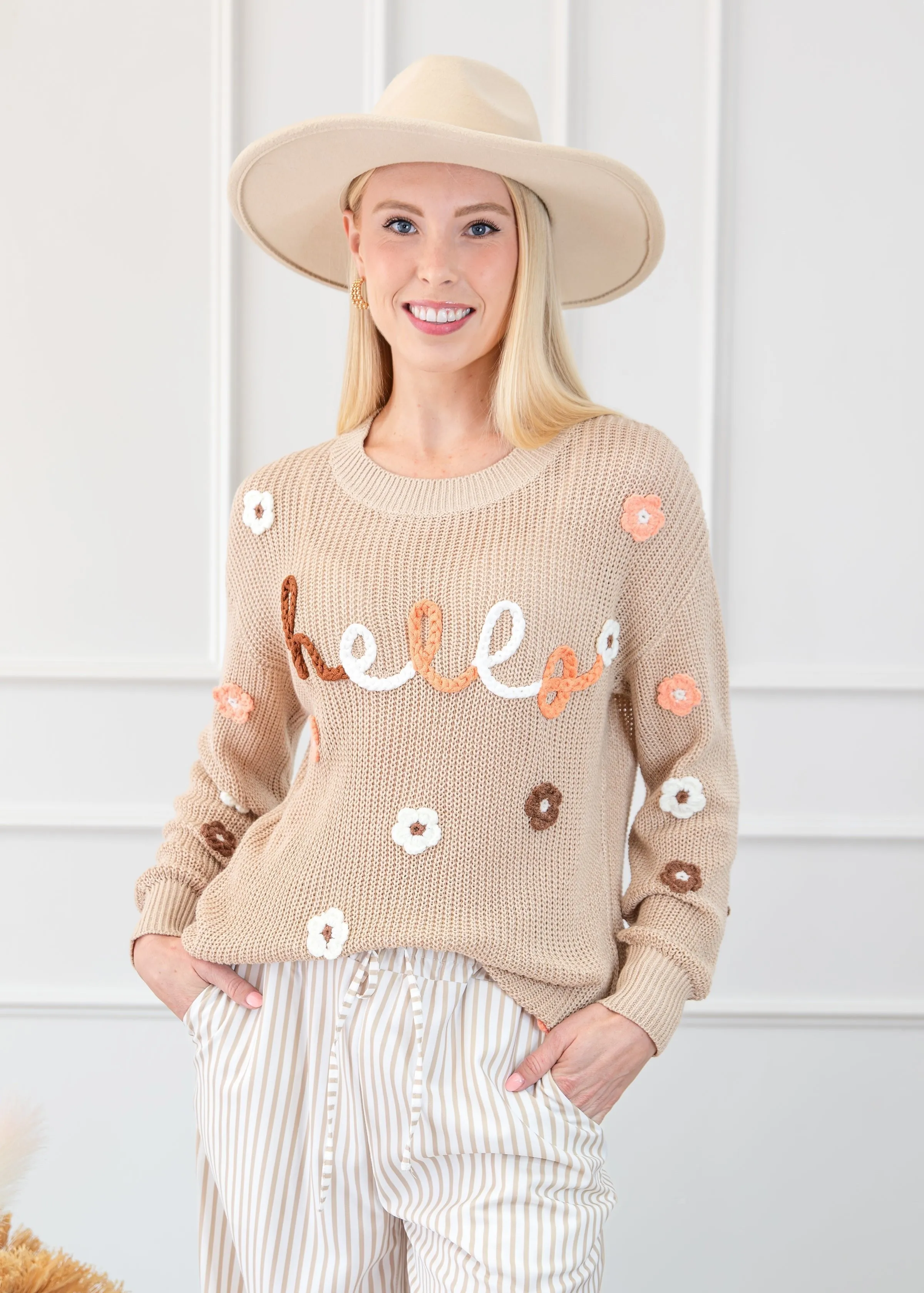 Hello Floral Embroidered Knit Loose Sweater sold by Roxie’s Picks