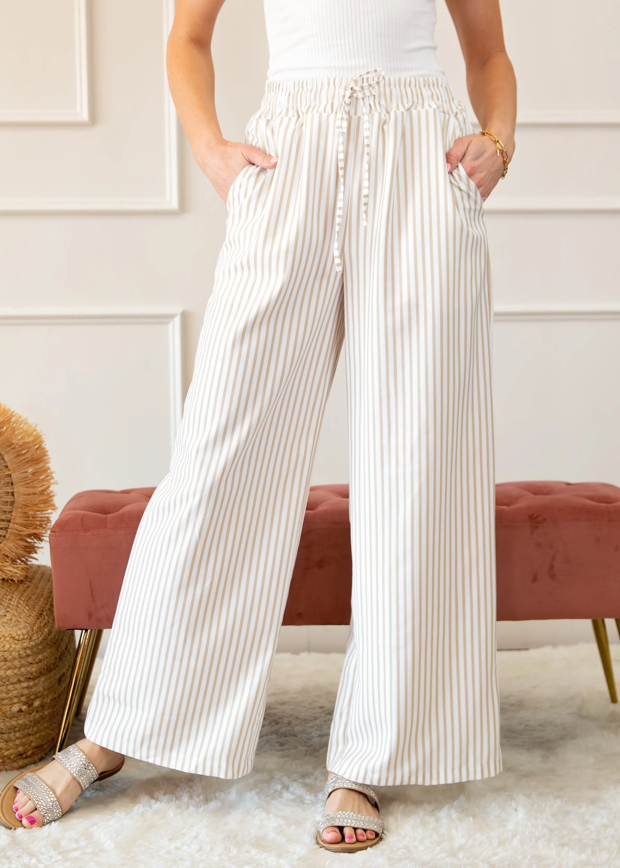 Stripe Wide Leg Adjustable Drawstring Waist Pants sold by Roxie’s Picks