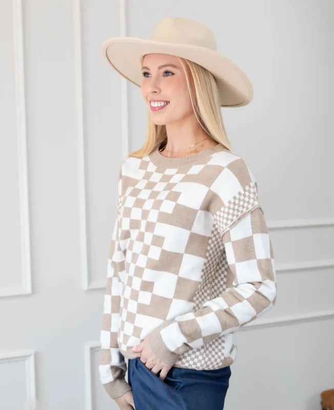 Checkered Drop Shoulder Round Neck Sweater sold by Roxie’s Picks