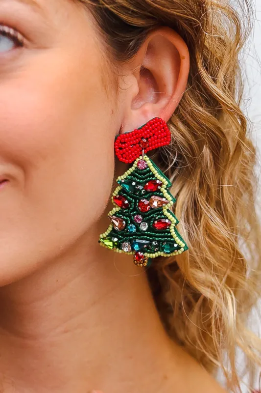 Christmas Tree Beaded & Rhinestone Dangle Earrings sold by Roxie’s Picks