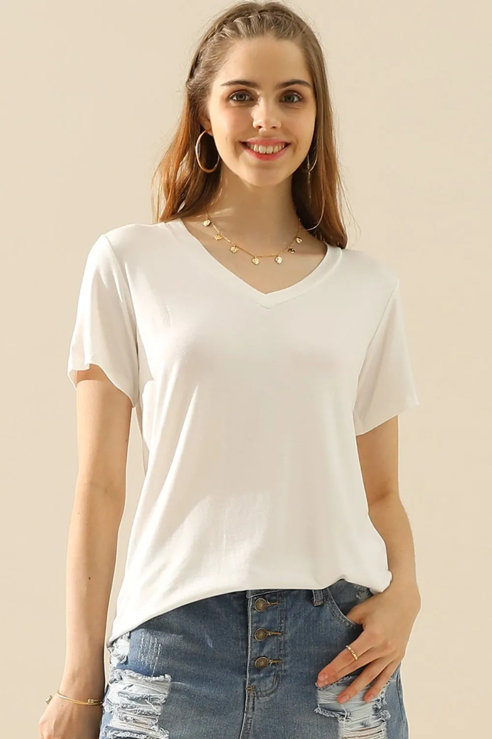 Ninexis Full Size V-Neck Short Sleeve T-Shirt sold by Roxie’s Picks