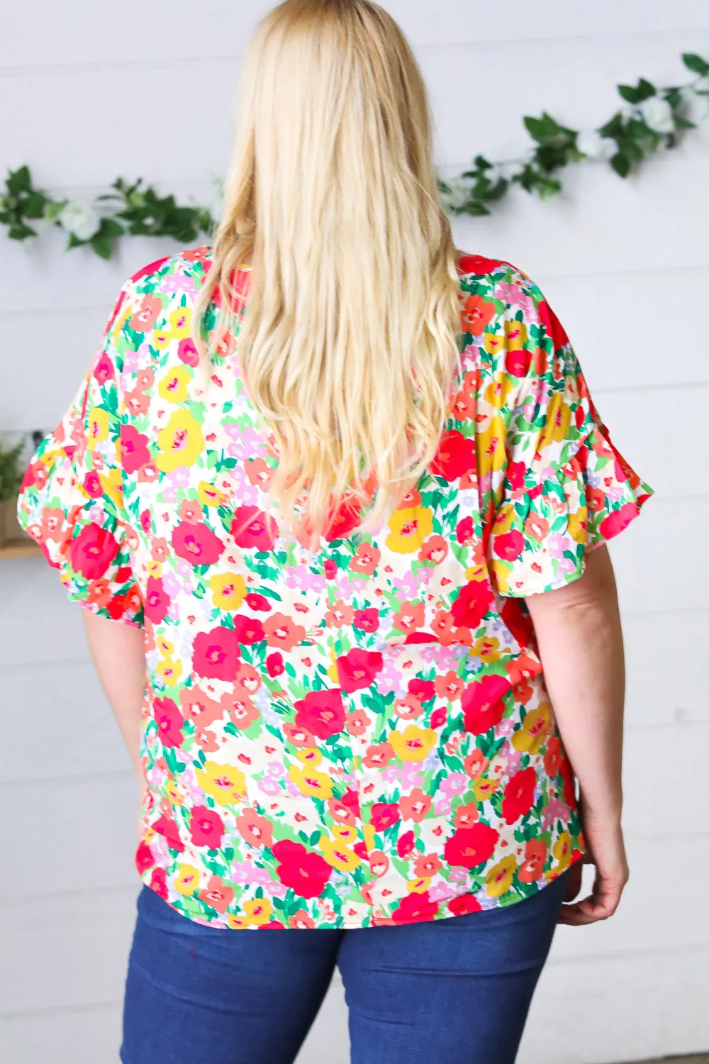 Red Flat Floral Pring Dolman Ruffle Frill Sleeve Blouse sold by Roxie’s Picks product image thumbnail 3