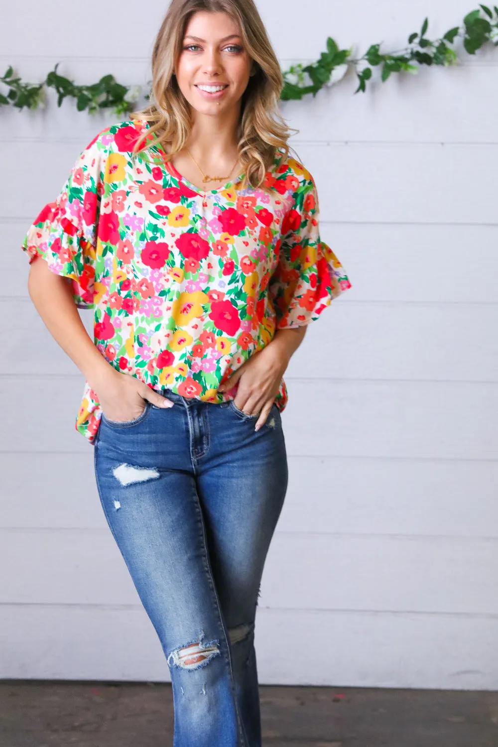 Red Flat Floral Pring Dolman Ruffle Frill Sleeve Blouse sold by Roxie’s Picks