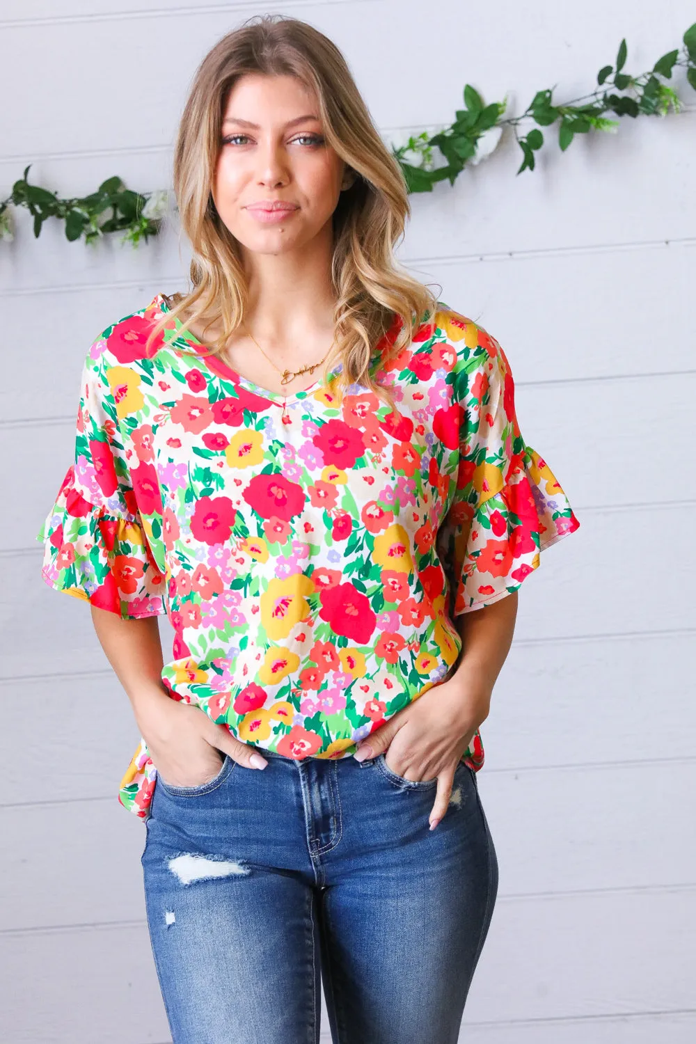 Red Flat Floral Pring Dolman Ruffle Frill Sleeve Blouse sold by Roxie’s Picks product image thumbnail 4