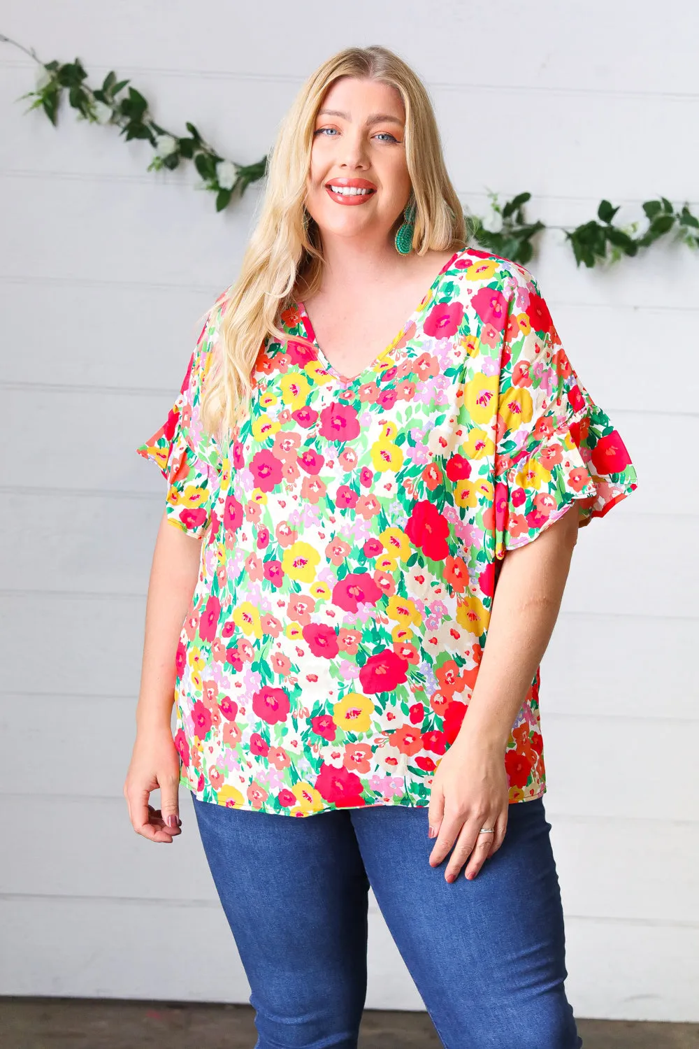 Red Flat Floral Pring Dolman Ruffle Frill Sleeve Blouse sold by Roxie’s Picks product image thumbnail 2