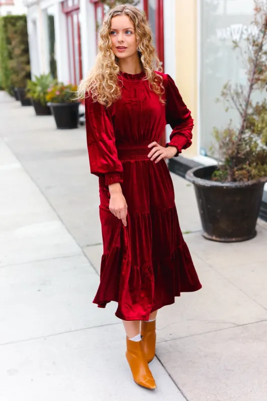 Holiday Dreaming Burgundy Velvet Mock Neck Smocked Waist Dress sold by Roxie’s Picks