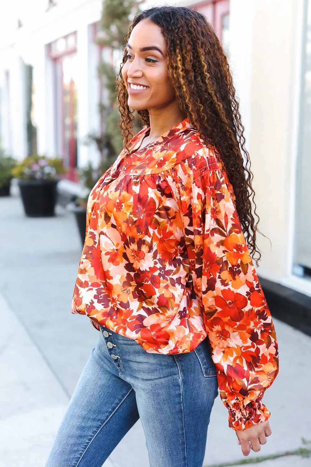 Fall Vibes Rust Floral Print Notched Neck Smocked Satin Top sold by Roxie’s Picks product image thumbnail 5