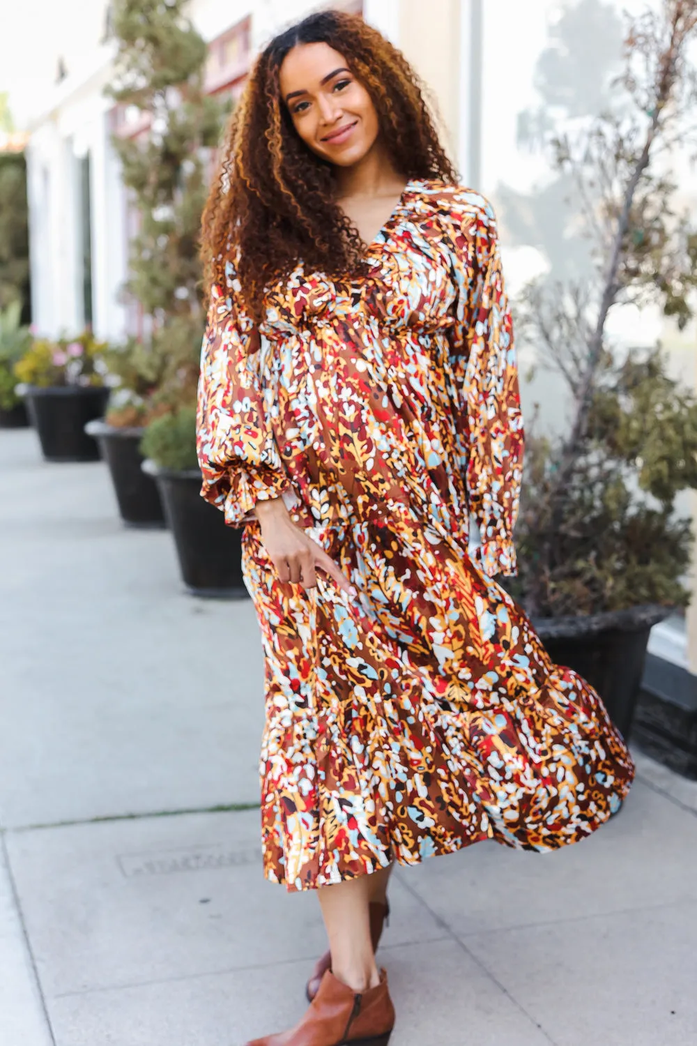Feeling Femme Mocha Floral Print V Neck Satin Maxi Dress sold by Roxie’s Picks product image thumbnail 3