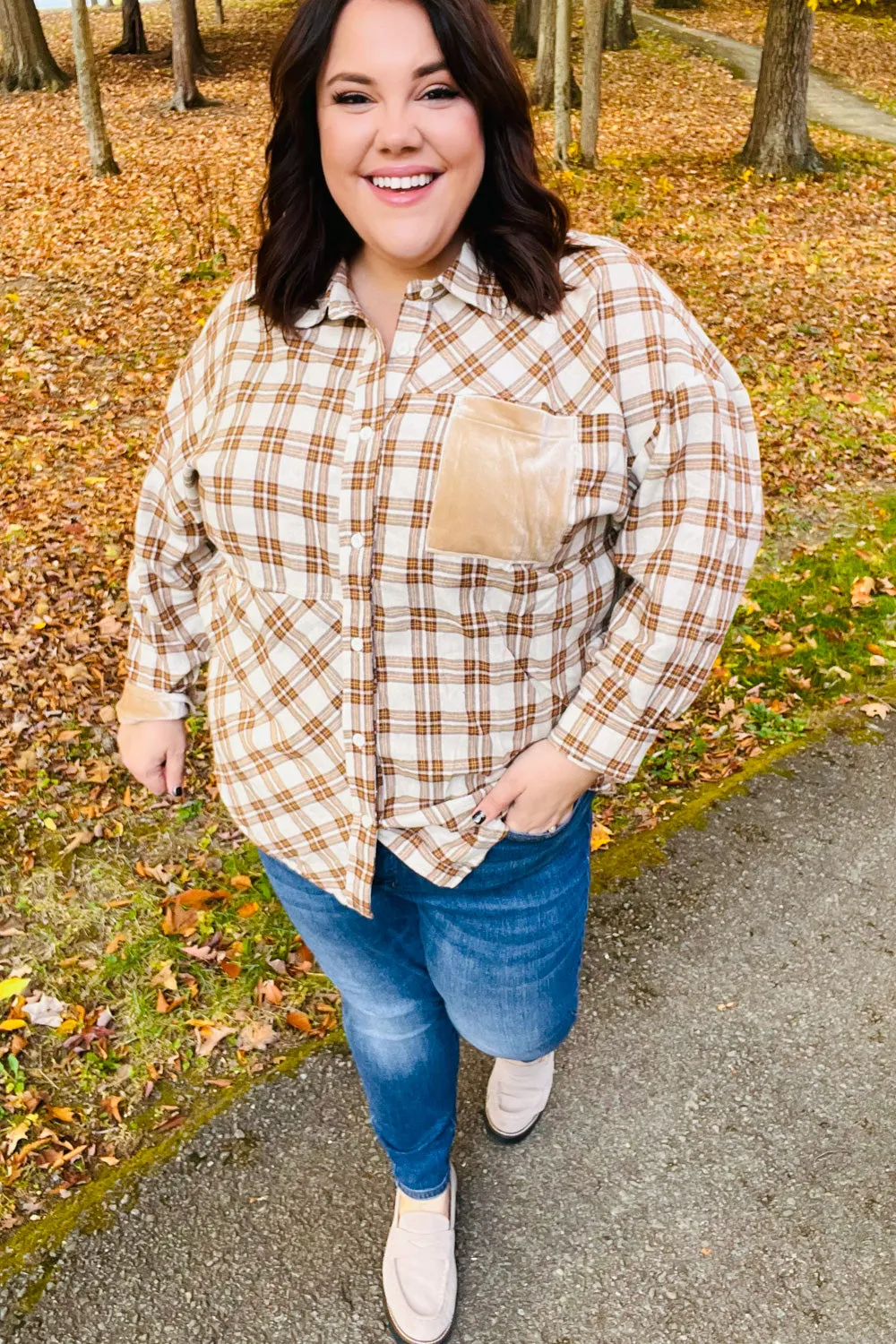 Taupe Plaid Velvet Pocket Button Down Top sold by Roxie’s Picks product image thumbnail 4