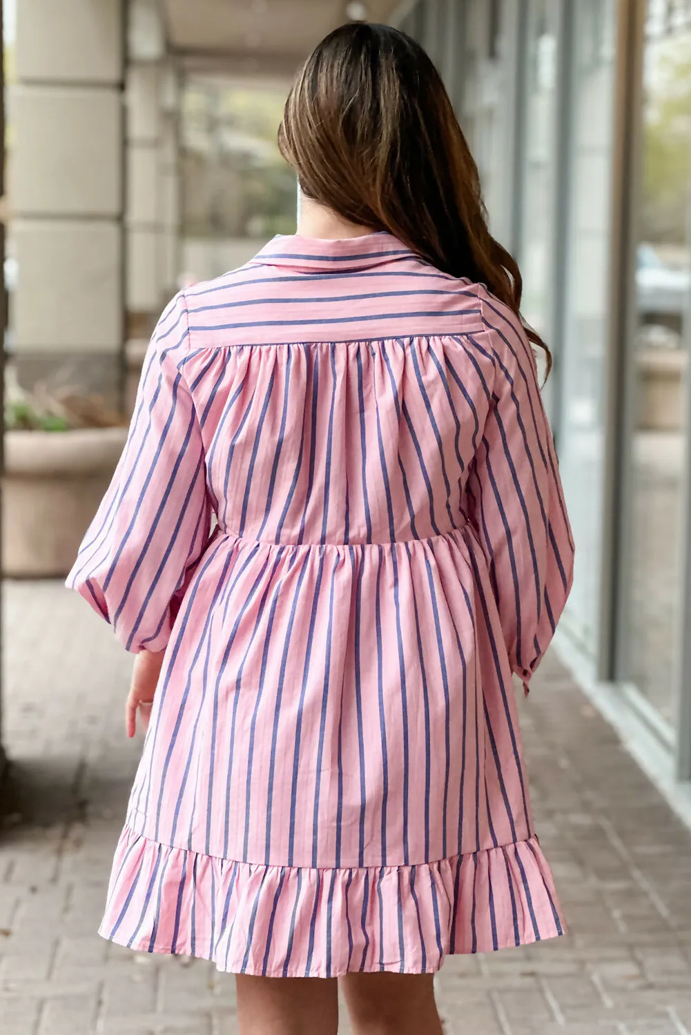 Pink Stripe Ruffled Hem Button-up Collared Shirt Mini Dress sold by Roxie’s Picks product image thumbnail 3