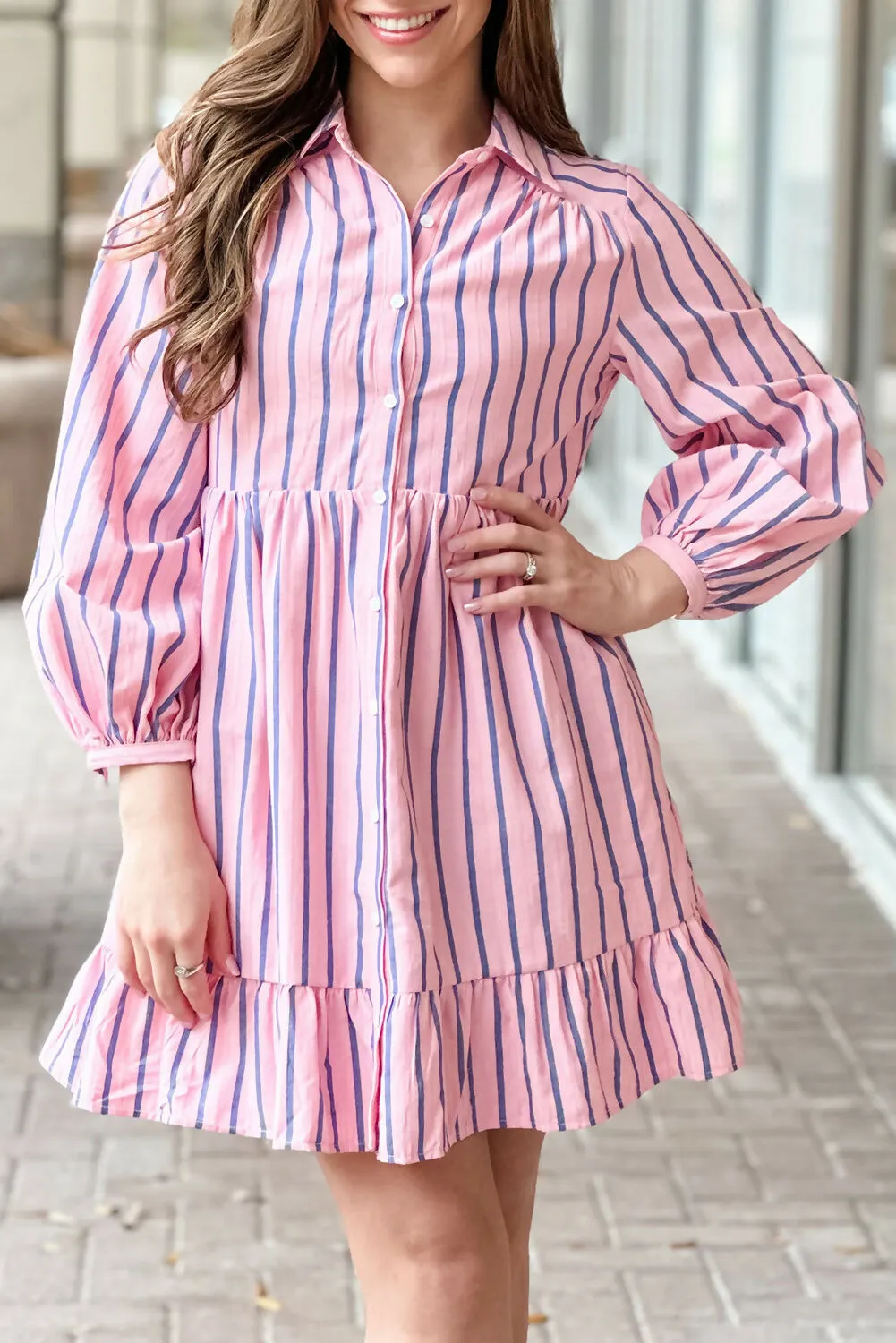 Pink Stripe Ruffled Hem Button-up Collared Shirt Mini Dress sold by Roxie’s Picks