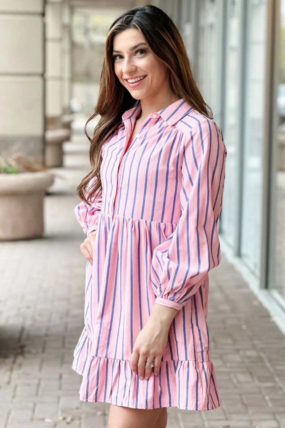 Pink Stripe Ruffled Hem Button-up Collared Shirt Mini Dress sold by Roxie’s Picks product image thumbnail 2