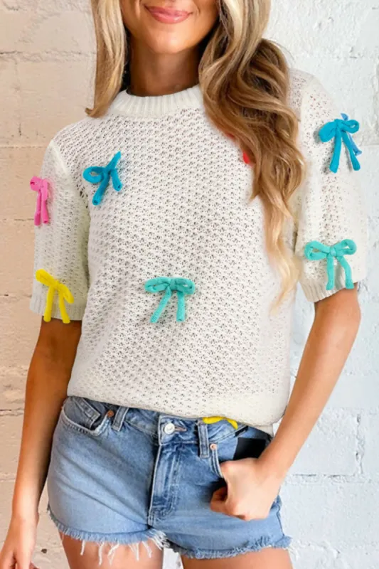 White Colorful Bow Knit Mock Neck Short Sleeve Sweater sold by Roxie’s Picks