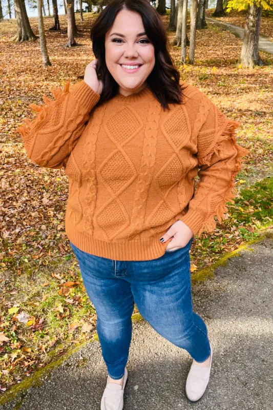 Joyful Days Rust Cable Knit Tassel Fringe Sweater sold by Roxie’s Picks