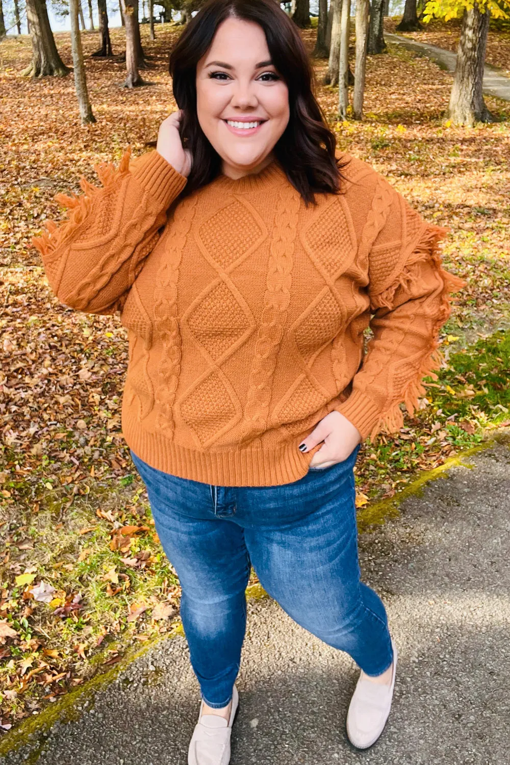 Joyful Days Rust Cable Knit Tassel Fringe Sweater sold by Roxie’s Picks