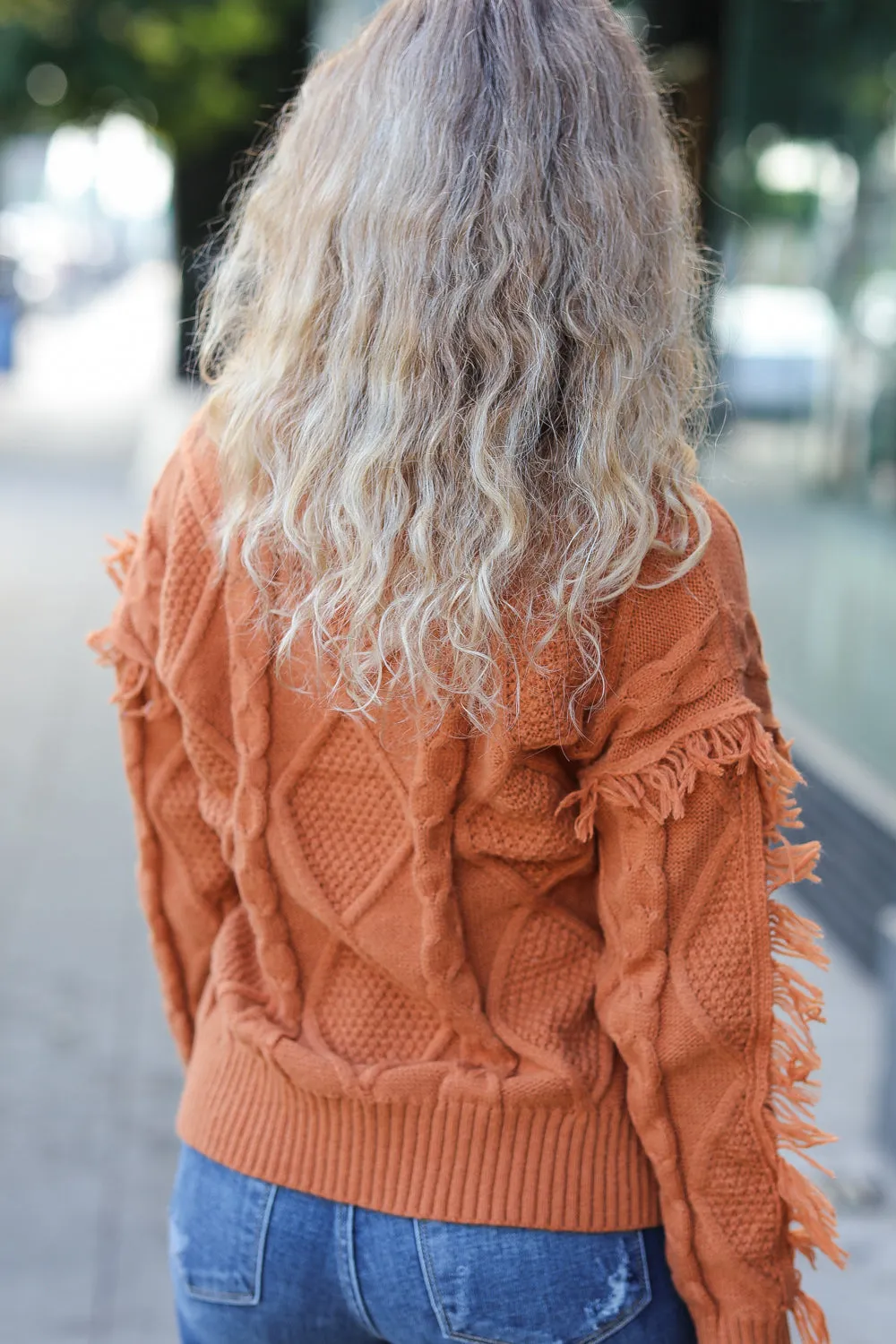 Joyful Days Rust Cable Knit Tassel Fringe Sweater sold by Roxie’s Picks product image thumbnail 3