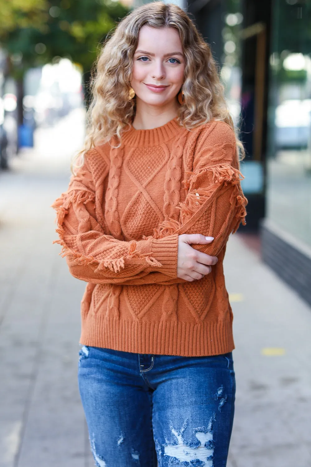 Joyful Days Rust Cable Knit Tassel Fringe Sweater sold by Roxie’s Picks product image thumbnail 2