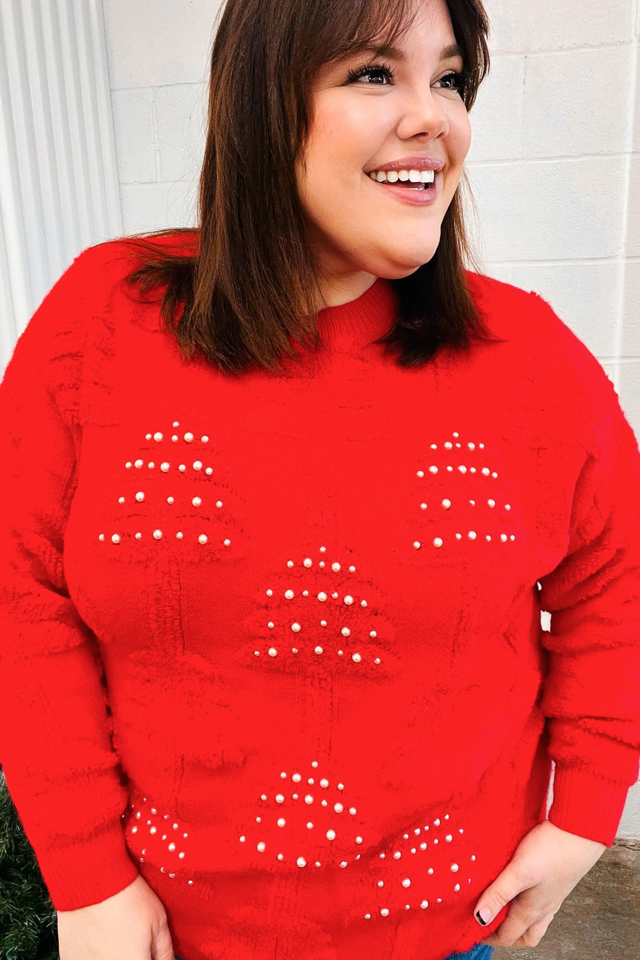 More The Merrier Red Pearl Christmas Tree Jacquard Sweater sold by Roxie’s Picks product image thumbnail 2