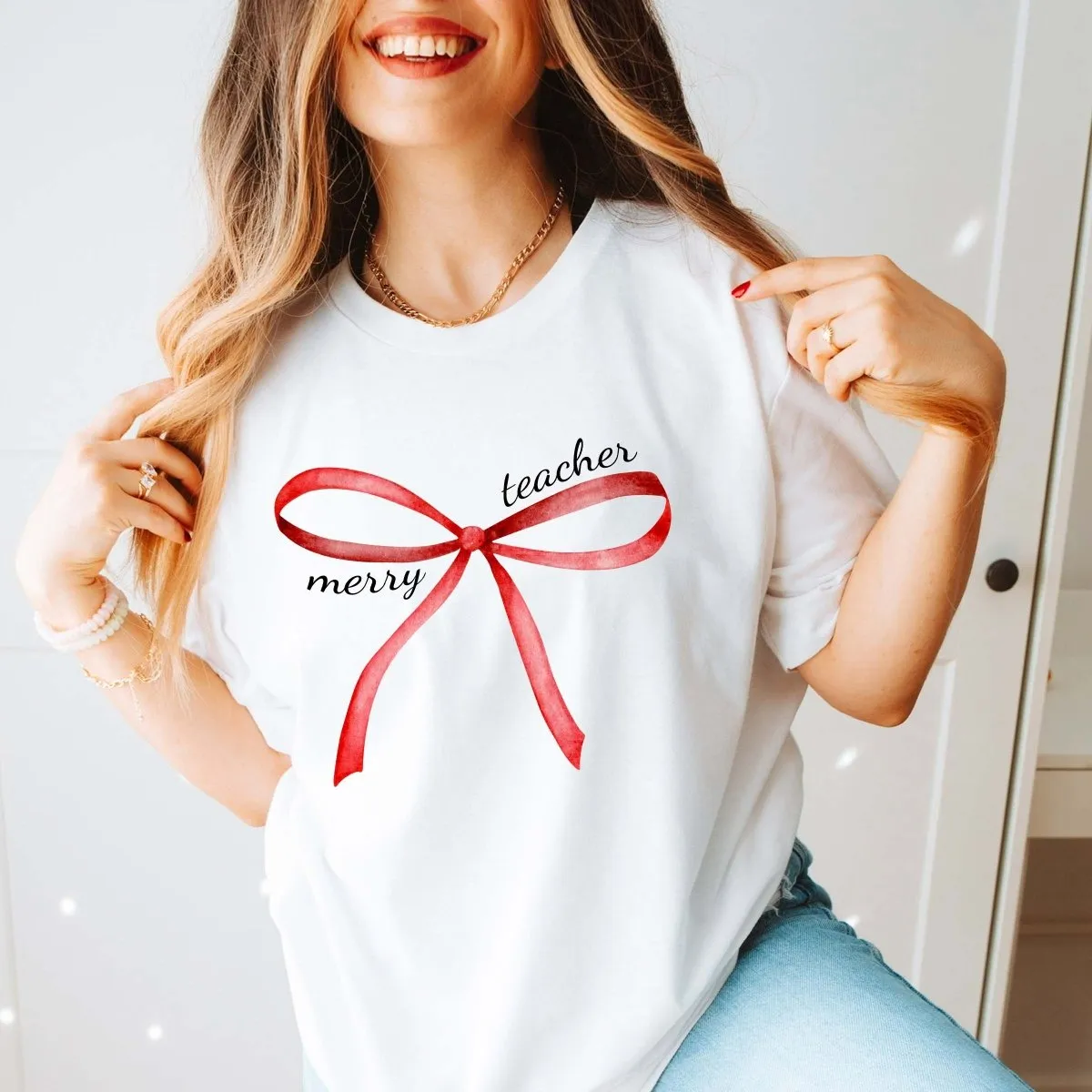 Merry Teacher Red Bow Bella Graphic Tee sold by Roxie’s Picks product image thumbnail 4