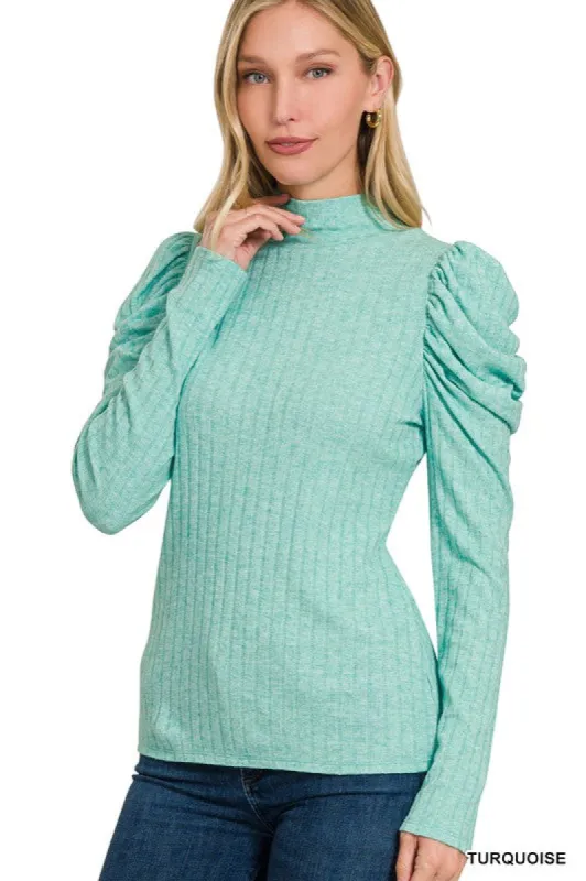 RIBBED PUFF LONG SLEEVE MOCK NECK TOP sold by Roxie’s Picks