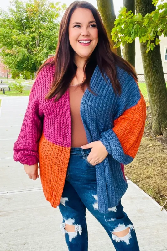 Dazzle In Magenta & Navy Chunky Knit Color Block Cardigan sold by Roxie’s Picks