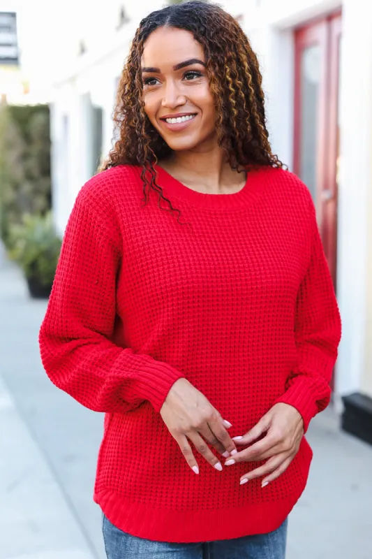 All Present Christmas Red Waffle Knit Hi-Low Sweater sold by Roxie’s Picks