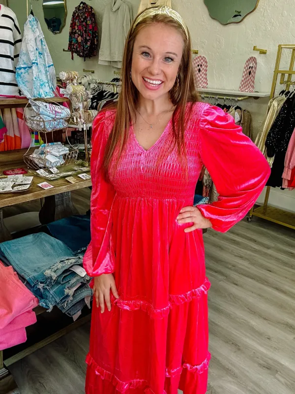 Hot pink velvet maxi dress sold by Roxie’s Picks