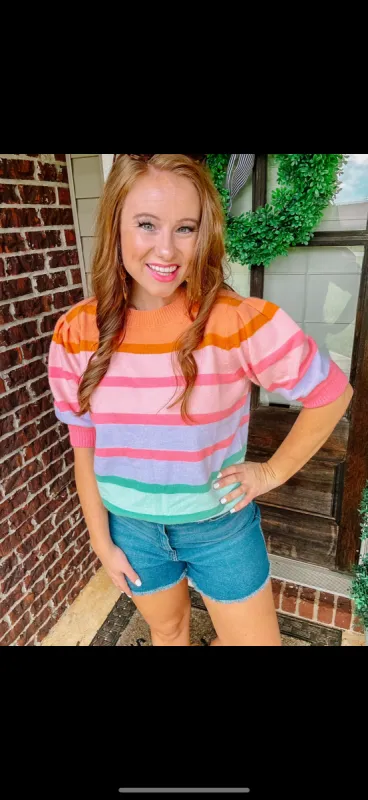 striped short sleeve sweater sold by Roxie’s Picks
