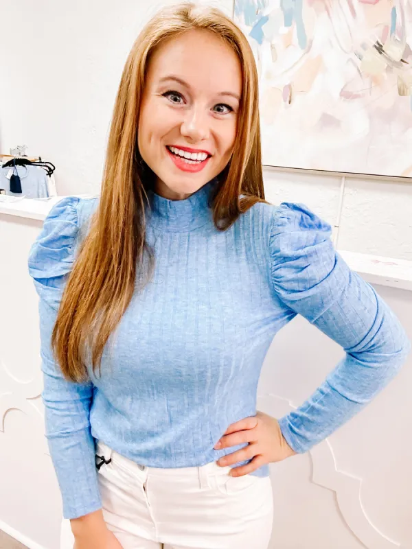 Blue Ribbed Puff sleeve ribbed top sold by Roxie’s Picks