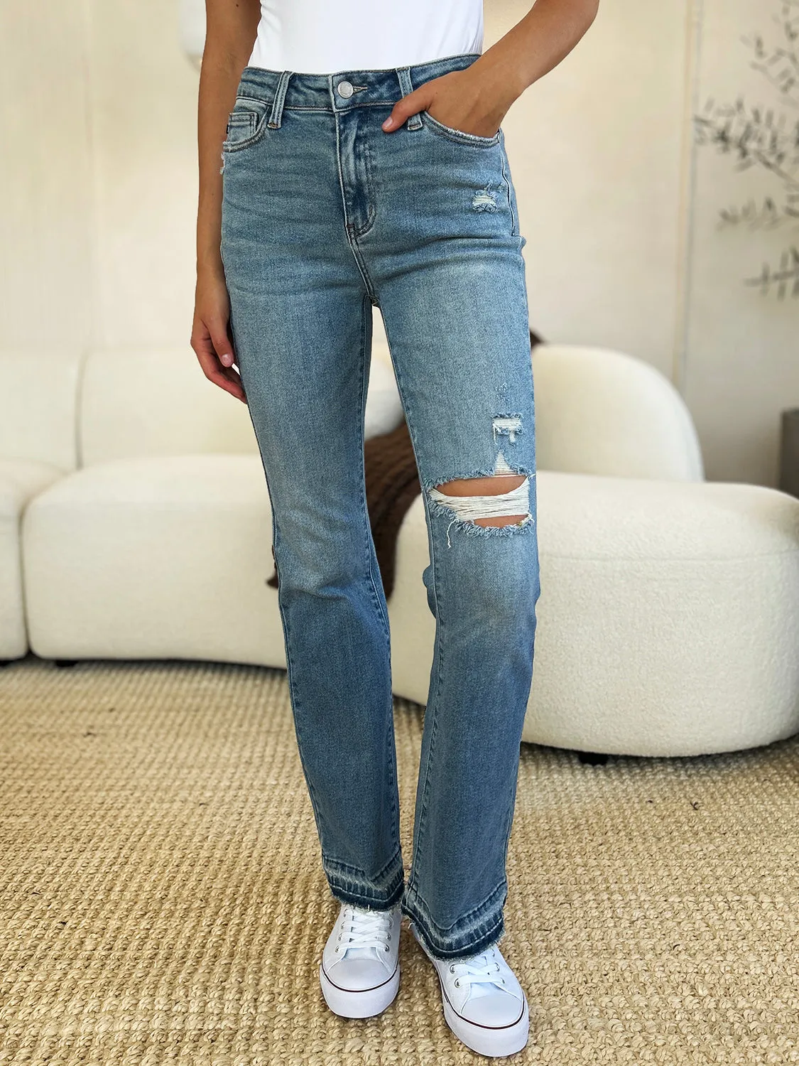 Judy Blue Full Size Mid Rise Destroyed Hem Distressed Jeans sold by Roxie’s Picks