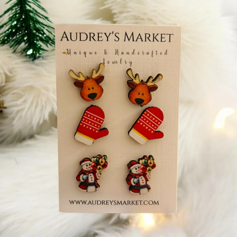 Set of 3 Christmas Tree Stud Earrings - Reindeer, Snowman, and Mittens sold by Roxie’s Picks