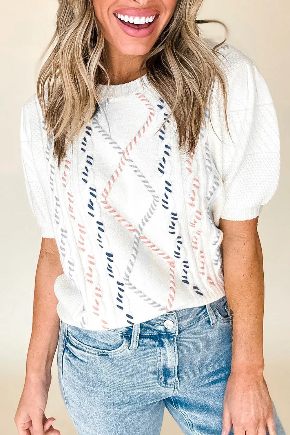 White Multicolor Stitch Detail Cable Knit Short Sleeve Sweater sold by Roxie’s Picks product image thumbnail 2