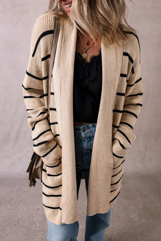 Black Stripe Shawl Neckline Open Cardigan with Pockets sold by Roxie’s Picks