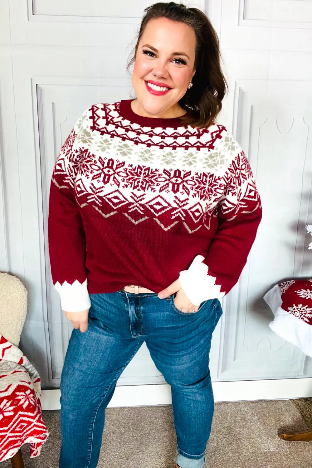 Merry Christmas Merlot Snowflake Oversized Sweater Top sold by Roxie’s Picks