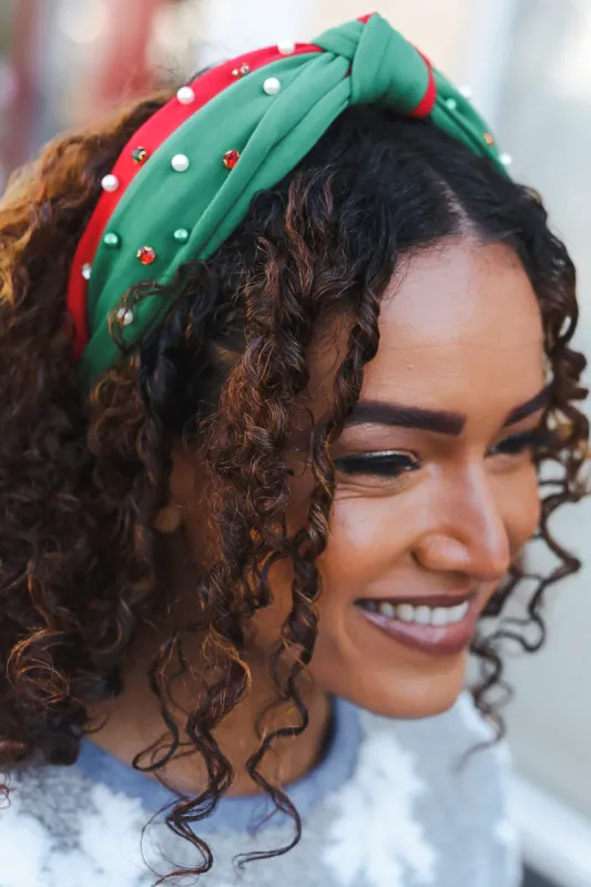 Green & Red Pearl & Rhinestone Top Knot Holiday Headband sold by Roxie’s Picks