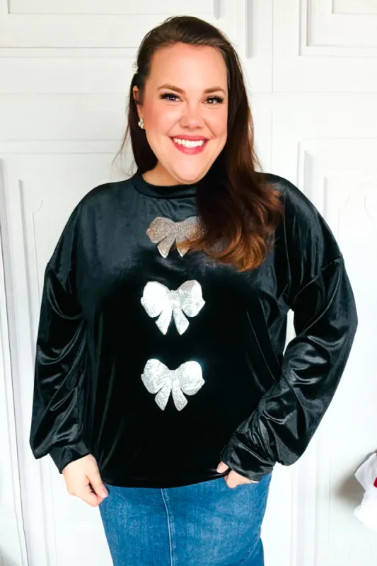 Home For The Holiday Silver Sequin Bow Velvet Pullover Top sold by Roxie’s Picks