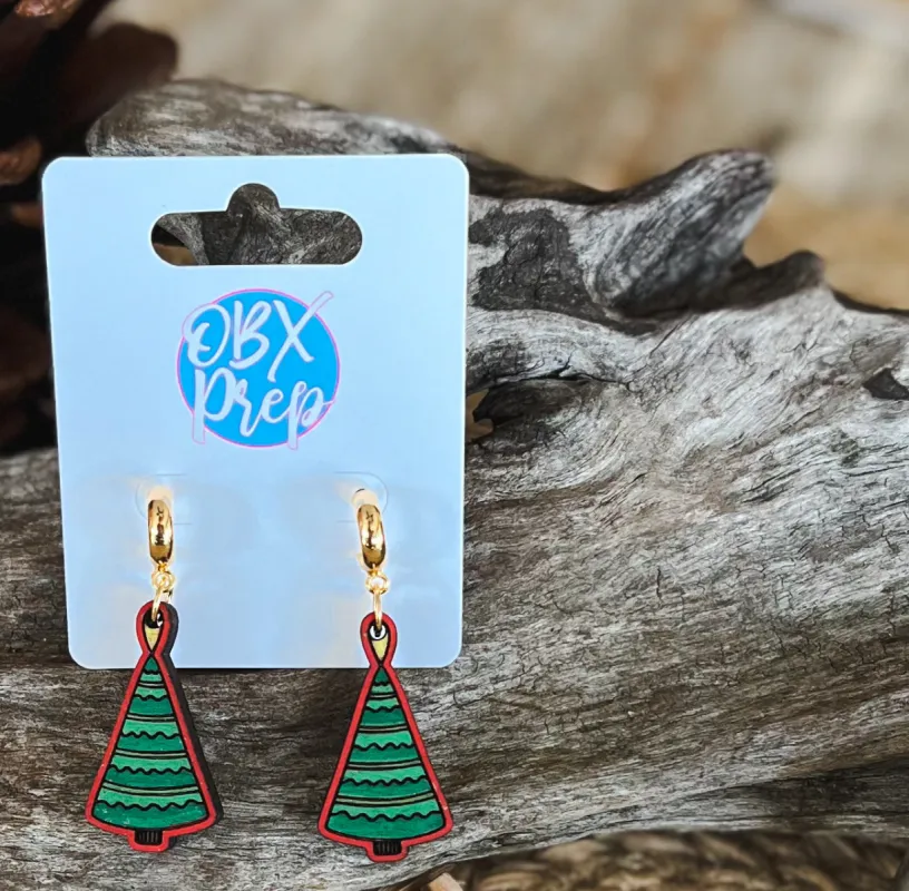 Christmas Tree Hand Painted Cute Huggie Hoop Dangle Earrings sold by Roxie’s Picks